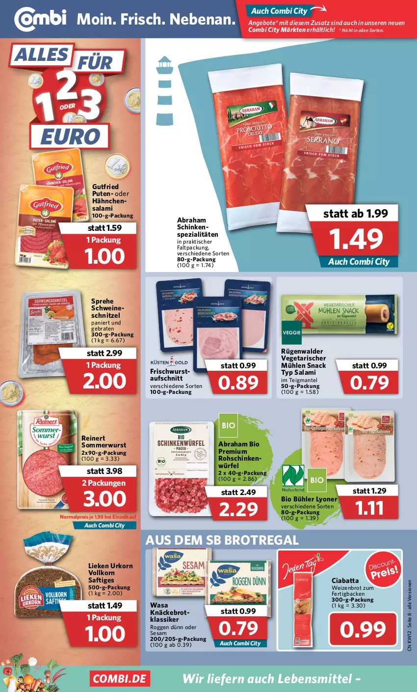 Aktueller Prospekt Combi - Prospekte - von 21.03 bis 26.03.2022 - strona 8 - produkty: angebot, angebote, aufschnitt, bio, braten, brot, ciabatta, eis, gutfried, knäckebrot, korn, lebensmittel, lieken, lyoner, Mantel, pute, regal, reinert, reis, rohschinken, rügenwalder, saft, salami, schinken, schnitzel, schwein, schweine, sesam, snack, Spezi, Ti, tisch, urkorn, Vegeta, wasa, wein, weine, Weizenbrot, würfel, wurst, Yo