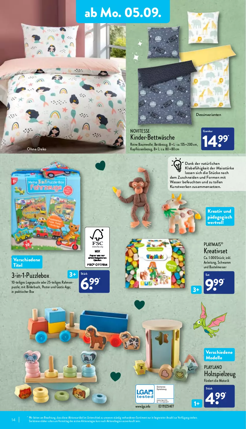 Aktueller Prospekt Aldi Nord - Aldi-Vorschau - von 05.09 bis 10.09.2022 - strona 14 - produkty: Bau, baumwolle, bett, bettwäsche, buch, dell, elle, garnitur, gin, Holz, Kinder, kissen, Kissenbezug, kopfkissen, kopfkissenbezug, Kreativset, LG, mais, messer, Mode, Puzzle, reine baumwolle, Ria, schwamm, spielzeug, Ti, tisch, wasser, wolle, ZTE