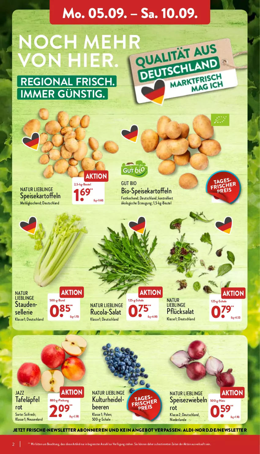 Aktueller Prospekt Aldi Nord - Aldi-Vorschau - von 05.09 bis 10.09.2022 - strona 2 - produkty: aldi, angebot, beere, beeren, beutel, bio, Cif, cola, eis, Elan, elle, heidelbeere, heidelbeeren, kartoffel, kartoffeln, mehl, natur, reis, rucola, salat, Schal, Schale, Speisezwiebeln, stauden, tafeläpfel, Ti, trolli, ZTE, zwiebel, zwiebeln