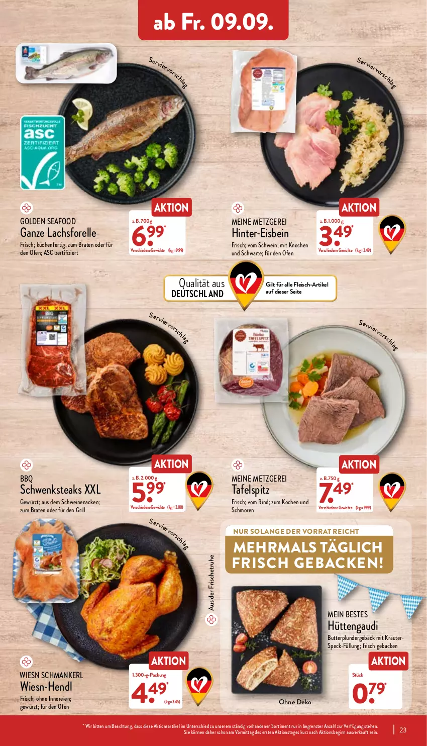 Aktueller Prospekt Aldi Nord - Aldi-Vorschau - von 05.09 bis 10.09.2022 - strona 23 - produkty: braten, butter, eis, elle, fleisch, forelle, geback, gewürz, gin, grill, Hendl, kräuter, küche, Küchen, lachs, Ofen, Plunder, rel, rind, schwein, schweine, schweinenacken, Speck, steak, steaks, tafelspitz, Ti, wein, weine, ZTE