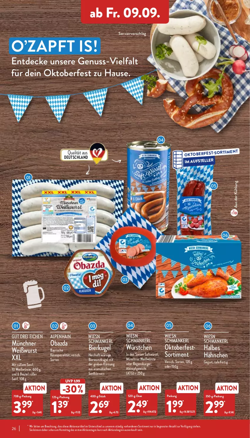 Aktueller Prospekt Aldi Nord - Aldi-Vorschau - von 05.09 bis 10.09.2022 - strona 26 - produkty: Alpenhain, beutel, bier, burger, decke, elle, gin, Käse, Kugel, nuss, obazda, regensburger, saft, senf, Spezi, teller, Ti, tisch, Weißwurst, wurst, würstchen, ZTE