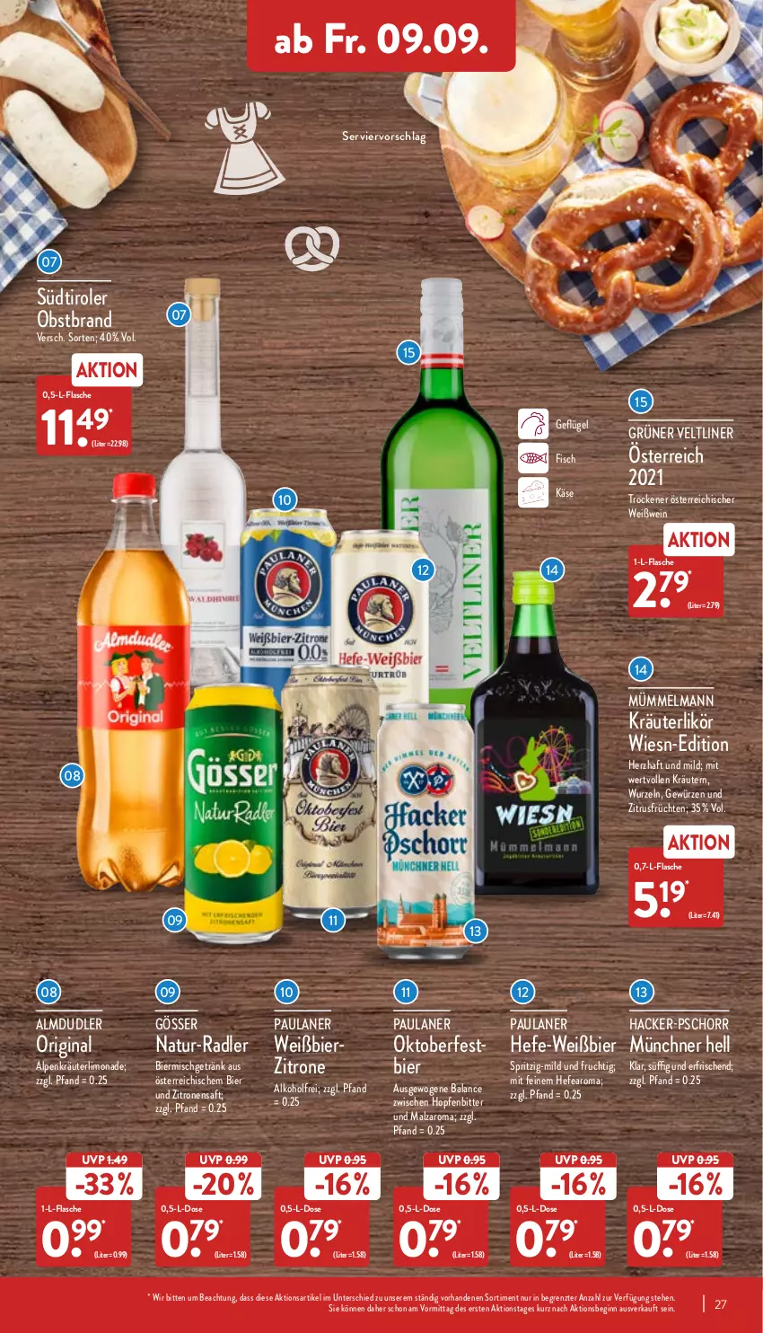 Aktueller Prospekt Aldi Nord - Aldi-Vorschau - von 05.09 bis 10.09.2022 - strona 27 - produkty: alkohol, almdudler, bier, fisch, flasche, frucht, früchte, früchten, Geflügel, getränk, gewürz, gin, gösser, grüner veltliner, Hefe, Käse, kräuter, kräuterlikör, kräutern, likör, limo, limonade, malz, natur, obst, Obstbrand, Paula, paulaner, radler, saft, südtiroler, Ti, wein, Weißwein, zitrone, zitronen, zitronensaft, ZTE