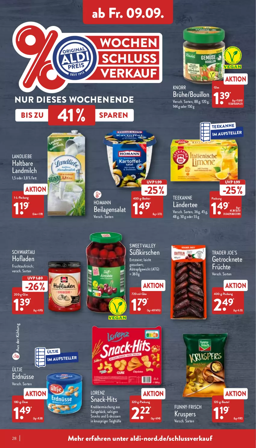 Aktueller Prospekt Aldi Nord - Aldi-Vorschau - von 05.09 bis 10.09.2022 - strona 28 - produkty: aldi, aufstrich, Becher, beutel, Brühe, elle, erdnüsse, erdnüssen, frucht, fruchtaufstrich, früchte, funny-frisch, homann, ilag, kirsch, kirsche, kirschen, knorr, Ländertee, landliebe, landmilch, lorenz, milch, salat, salz, Schwartau, snack, snacks, tee, teekanne, teller, Ti, ültje, ültje erdnüsse, zucker