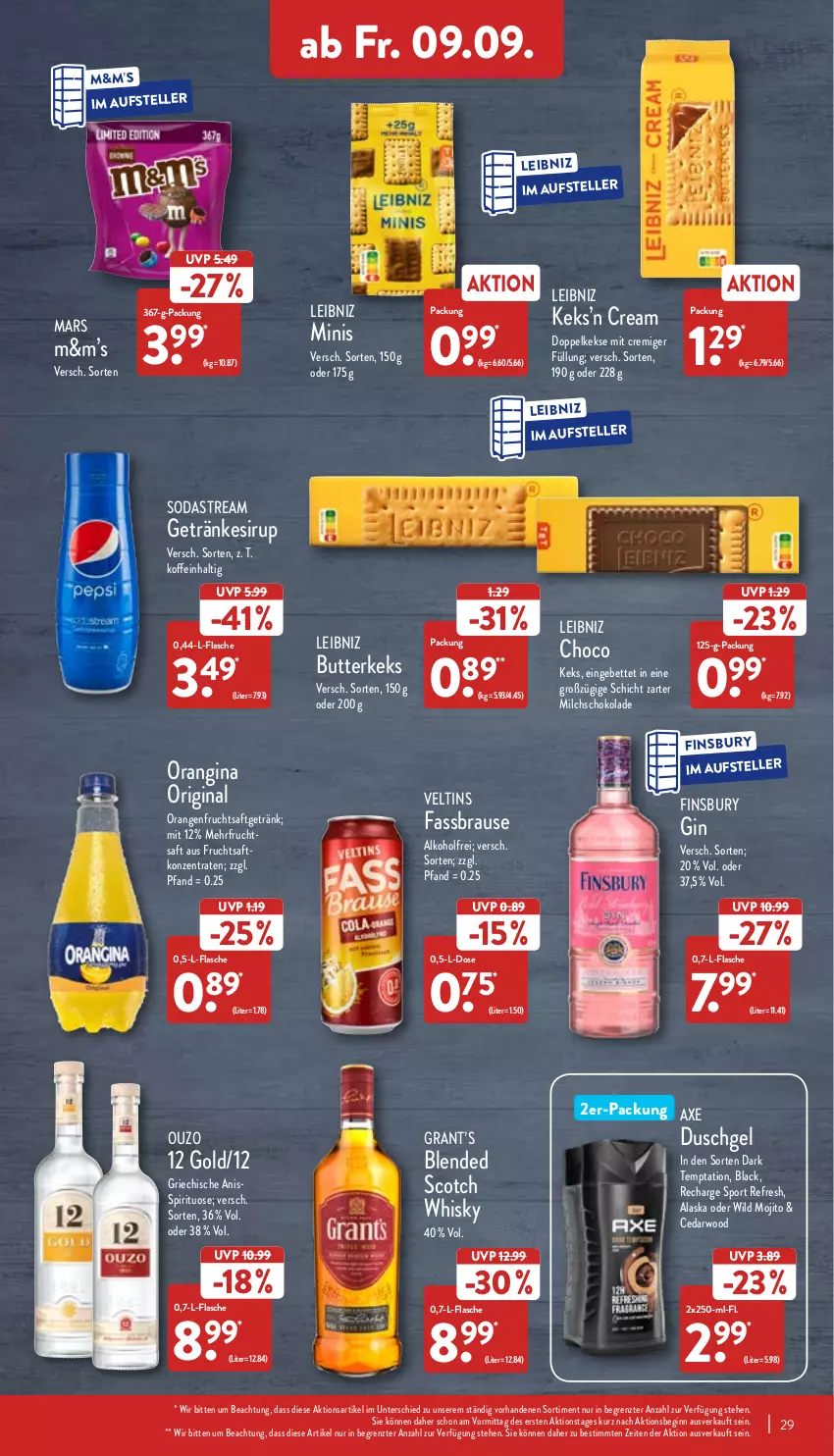 Aktueller Prospekt Aldi Nord - Aldi-Vorschau - von 05.09 bis 10.09.2022 - strona 29 - produkty: alkohol, axe, bett, blended scotch, blended scotch whisky, brause, butter, butterkeks, Doppelkekse, duschgel, elle, fassbrause, finsbury, flasche, frucht, fruchtsaft, fruchtsaftgetränk, getränk, getränke, getränkesirup, gin, keks, kekse, lack, leibniz, mars, milch, mojito, orange, orangen, orangina, ouzo, ouzo 12, saft, schoko, schokolade, scotch, scotch whisky, sirup, Soda, sodastream, Sport, teller, Ti, veltins, whisky, Wild, ZTE