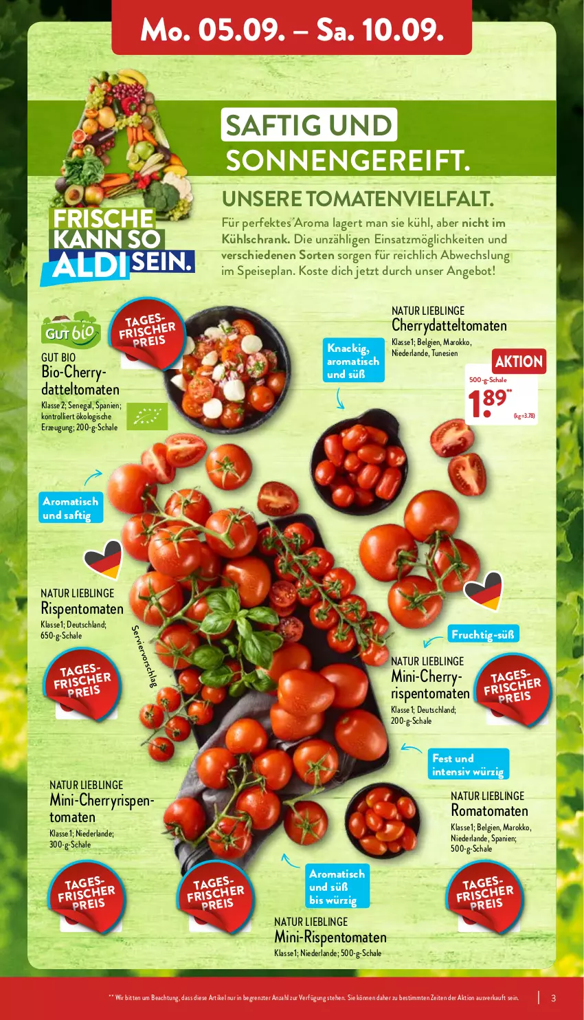 Aktueller Prospekt Aldi Nord - Aldi-Vorschau - von 05.09 bis 10.09.2022 - strona 3 - produkty: aldi, angebot, bio, datteltomaten, eis, frucht, kühlschrank, LG, mini-rispentomaten, natur, reis, rispentomaten, Romatomaten, saft, Schal, Schale, Schrank, Ti, tisch, tomate, tomaten, trolli, ZTE