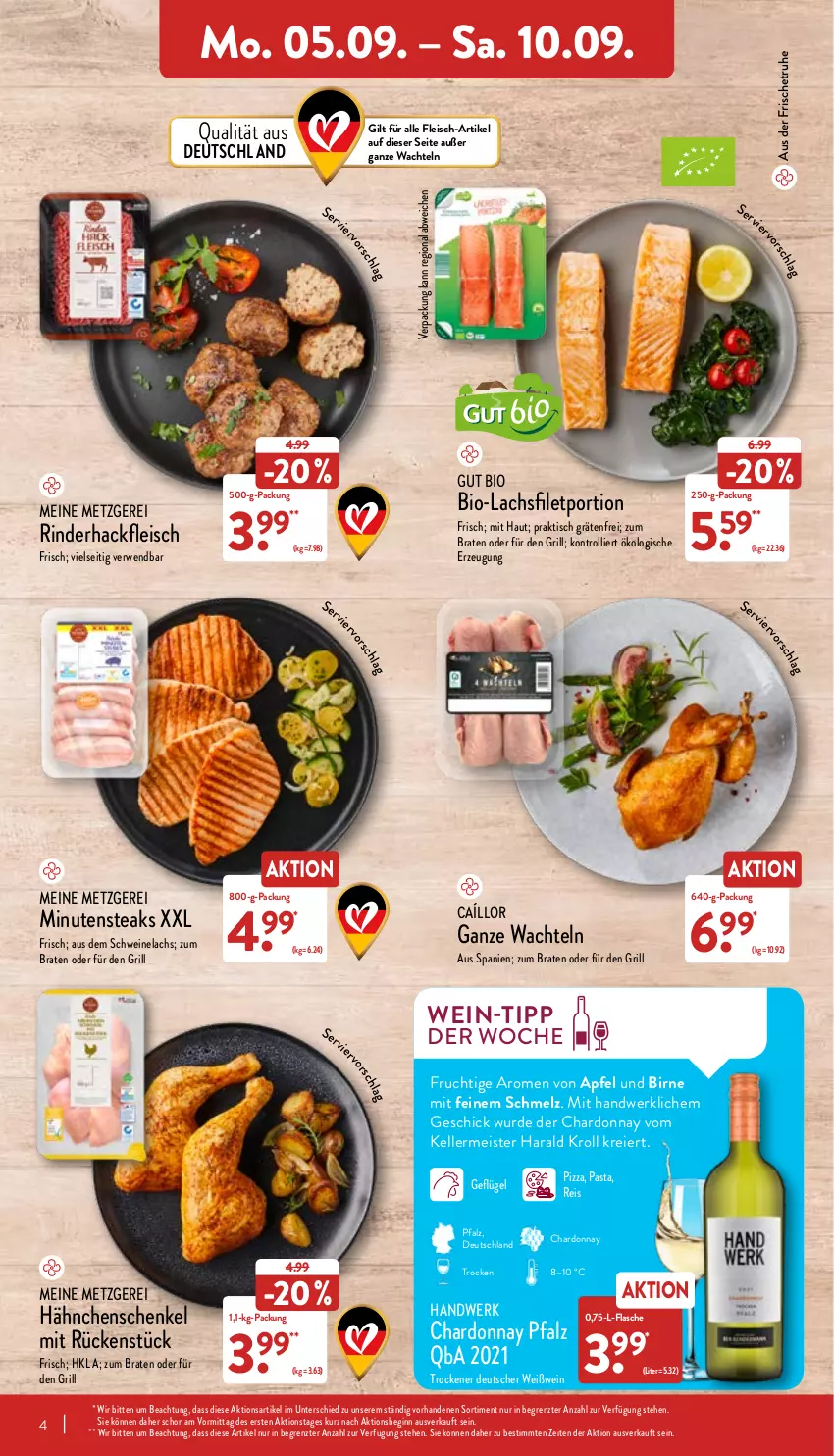 Aktueller Prospekt Aldi Nord - Aldi-Vorschau - von 05.09 bis 10.09.2022 - strona 4 - produkty: aldi, apfel, bio, braten, chardonnay, eier, eis, elle, filet, flasche, fleisch, frucht, Geflügel, gin, grill, hackfleisch, henkel, lachs, lachsfilet, Meister, minutensteaks, pasta, pizza, reis, rezept, rezepte, rind, rinder, rinderhackfleisch, rwe, schenkel, schwein, schweine, Schweinelachs, steak, steaks, Ti, tisch, trolli, wein, weine, Weißwein, ZTE