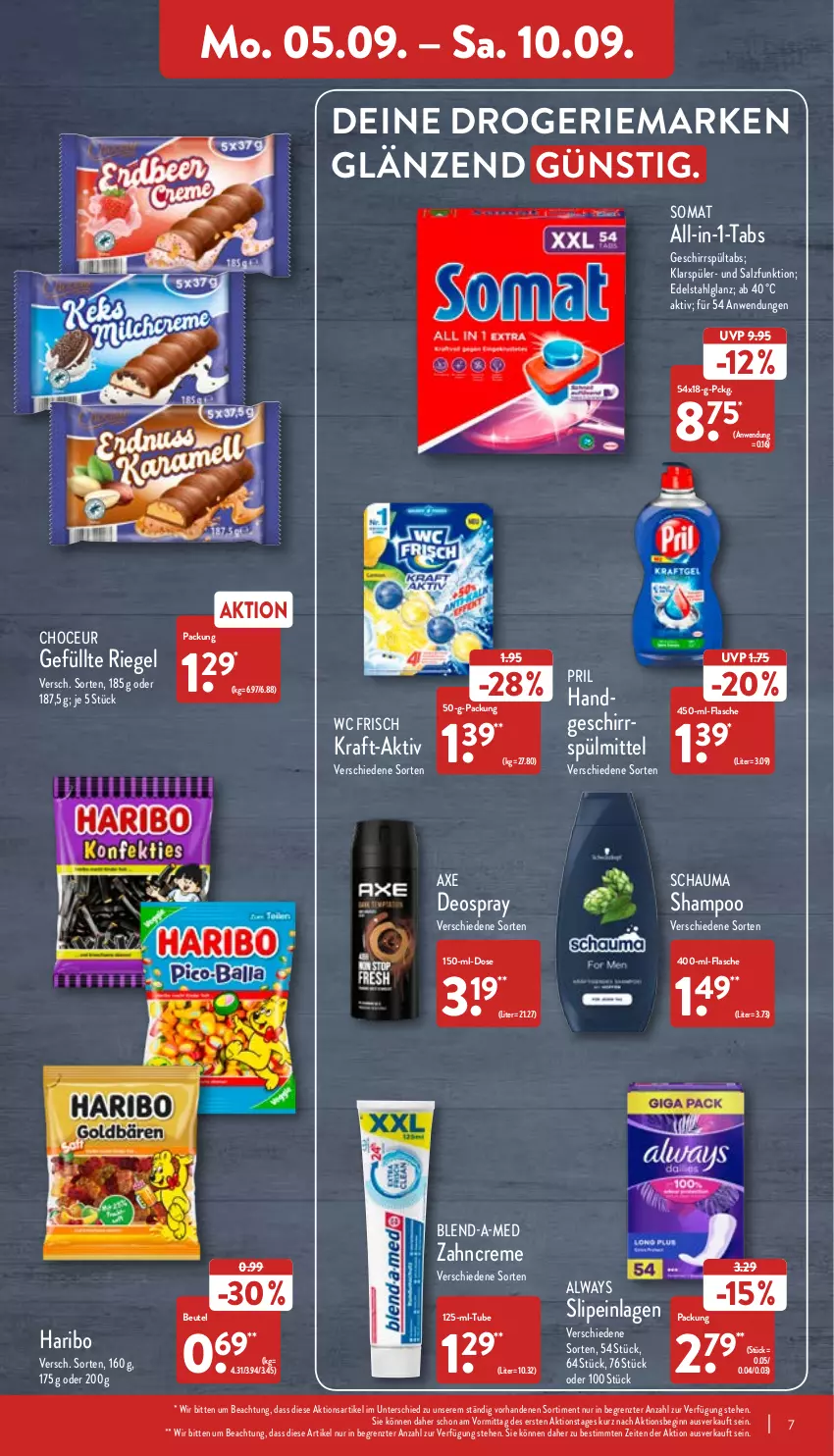 Aktueller Prospekt Aldi Nord - Aldi-Vorschau - von 05.09 bis 10.09.2022 - strona 7 - produkty: Alwa, Always, axe, beutel, blend-a-med, creme, deo, deospray, edelstahl, flasche, geschirr, geschirrspülmittel, gin, haribo, klarspüler, kraft, LG, pril, riegel, salz, schauma, shampoo, slip, slipeinlagen, somat, spülmittel, Ti, wc frisch, zahncreme, ZTE