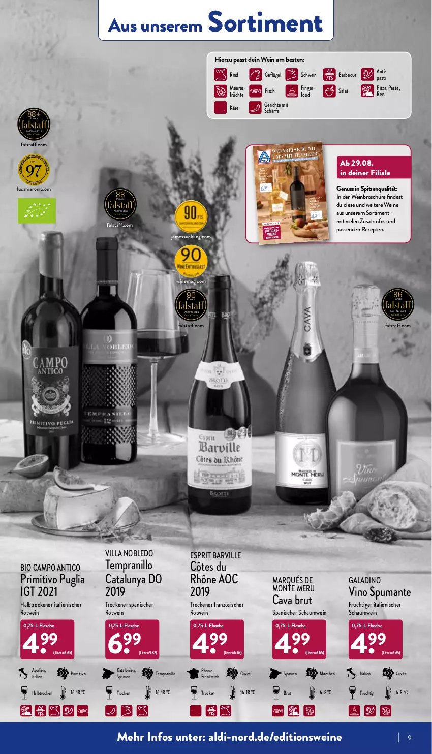 Aktueller Prospekt Aldi Nord - Aldi-Vorschau - von 05.09 bis 10.09.2022 - strona 9 - produkty: aldi, amaro, antipasti, asti, barbecue, bio, brut, Cava, cuvée, eis, esprit, fisch, flasche, frucht, früchte, Geflügel, Käse, mac, magazin, meeresfrüchte, monte, nuss, pasta, Pecorino, pizza, primitivo, puma, reis, rel, rezept, rezepte, rind, rotwein, salat, schwein, spitzenqualität, spumante, tempranillo, Ti, Vino Spumante, wein, weine