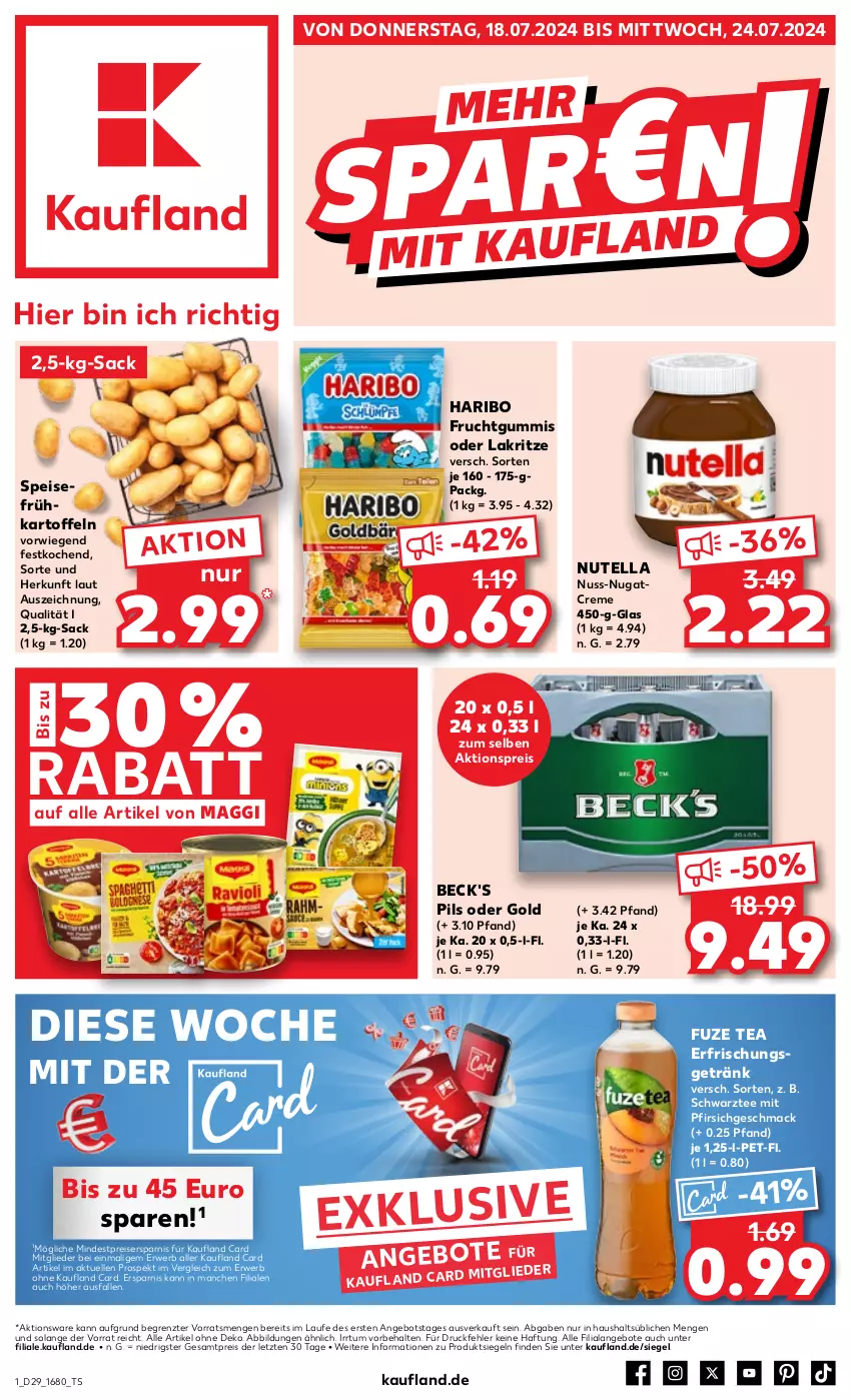 Aktueller Prospekt Kaufland - Prospekt - von 18.07 bis 24.07.2024 - strona 1 - produkty: aktionspreis, angebot, angebote, beck's, creme, eis, elle, erfrischungsgetränk, frucht, fruchtgummi, fruchtgummis, Frühkartoffeln, fuze tea, getränk, haribo, kartoffel, kartoffeln, Lakritz, mac, maggi, nuss, nutella, oder lakritz, pfirsich, pils, reis, rwe, sac, speisefrühkartoffeln, tee, Ti, ZTE