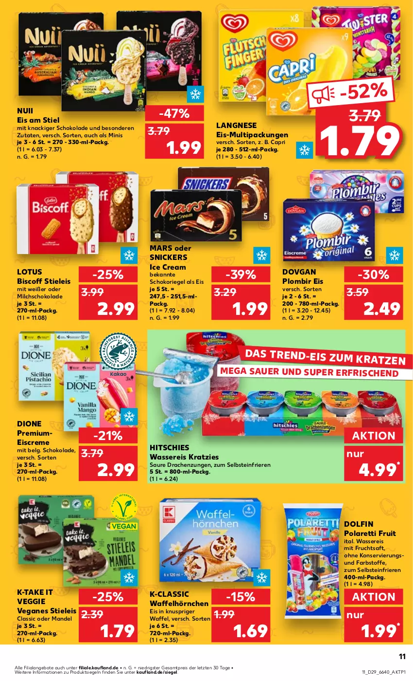 Aktueller Prospekt Kaufland - Prospekt - von 18.07 bis 24.07.2024 - strona 11 - produkty: angebot, angebote, auer, biscoff, Cap, creme, dovgan, eis, eiscreme, frucht, fruchtsaft, hörnchen, langnese, langnese eis, LG, mandel, mars, milch, mit frucht, nuii, reis, riegel, saft, schoko, schokolade, schokoriegel, snickers, stieleis, Ti, veggie, Waffelhörnchen, wasser, wassereis, ZTE