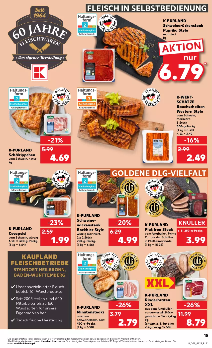 Aktueller Prospekt Kaufland - Prospekt - von 18.07 bis 24.07.2024 - strona 15 - produkty: angebot, angebote, Bad, Bau, bauchscheiben, besteck, bier, braten, cevapcici, eis, elle, fleisch, fleisch in selbstbedienung, geschirr, ilag, jungbullen, lachs, LG, marinade, minutensteaks, Nackensteak, natur, paprika, pfeffer, purland, reis, rind, rinder, rinderbraten, Rückensteak, schwein, schweine, Schweinelachs, schweinenacken, schweinerücken, Spezi, steak, steaks, teller, Ti, wein, weine, Weste, wurst, ZTE