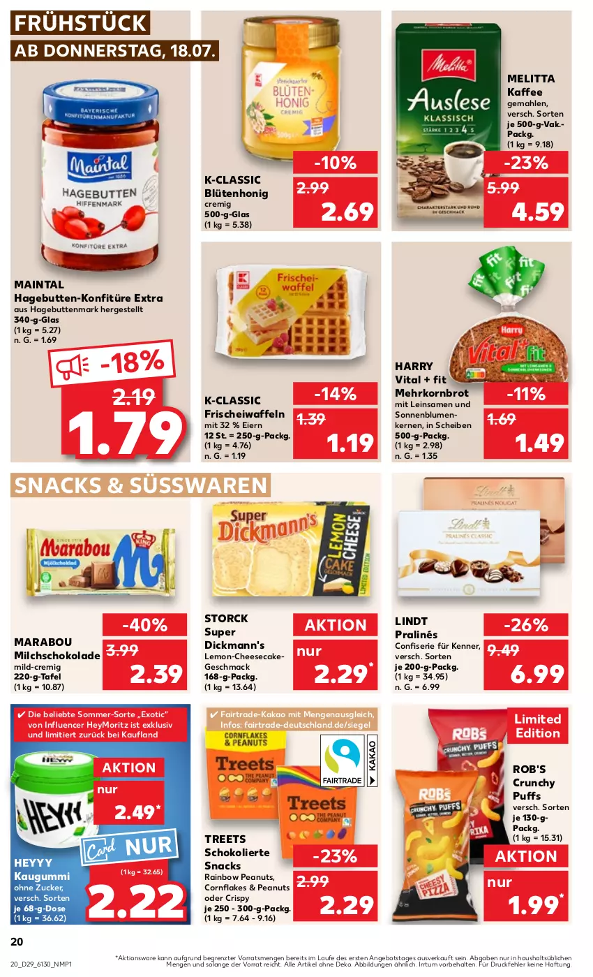 Aktueller Prospekt Kaufland - Prospekt - von 18.07 bis 24.07.2024 - strona 20 - produkty: angebot, blume, blumen, Blüte, blütenhonig, brot, cheesecake, Dickmann's, eier, flakes, honig, kaffee, kakao, kaugummi, konfitüre, konfitüre extra, korn, Kornbrot, lindt, mac, Marabou, melitta, milch, schoko, schokolade, snack, snacks, sonnenblume, sonnenblumen, Sonnenblumenkerne, sonnenblumenkernen, storck, süsswaren, Ti, vita, waffeln, ZTE, zucker