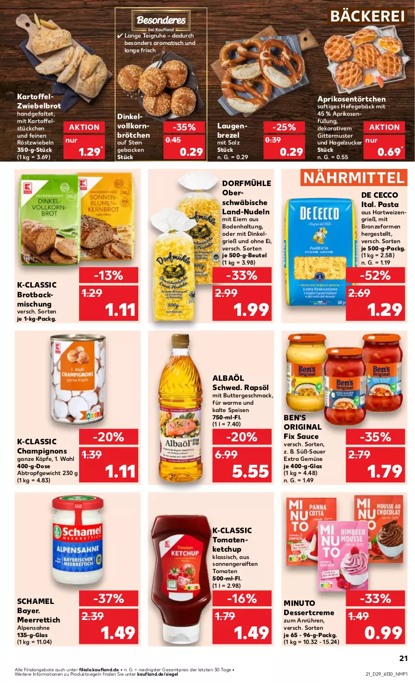 Aktueller Prospekt Kaufland - Prospekt - von 18.07 bis 24.07.2024 - strona 21 - produkty: angebot, angebote, aprikose, aprikosen, auer, backmischung, beutel, brezel, brot, brötchen, butter, champignon, champignons, creme, De Cecco, dessert, ecco, eier, eis, geback, gin, hartweizen, Hefe, kartoffel, ketchup, korn, Laugenbrezel, LG, mac, meerrettich, nudel, nudeln, pasta, rapsöl, reis, Rettich, röstzwiebeln, saft, sahne, salz, sauce, schamel, senf, Ti, tisch, tomate, tomaten, tomatenketchup, Törtchen, ZTE, zucker, zwiebel, zwiebeln