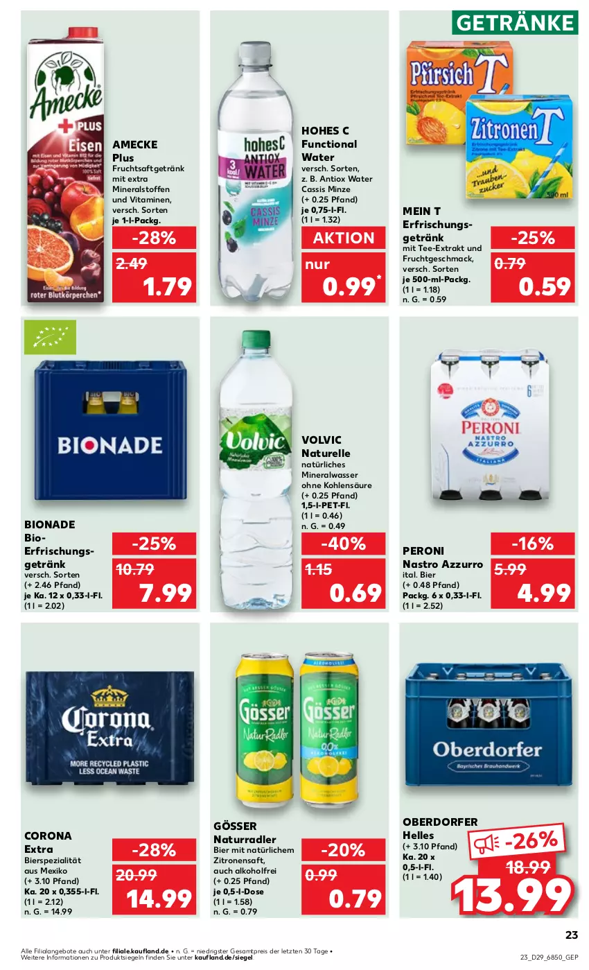 Aktueller Prospekt Kaufland - Prospekt - von 18.07 bis 24.07.2024 - strona 23 - produkty: alkohol, Alwa, amecke, angebot, angebote, bier, bio, bionade, cassis, corona, corona extra, eis, elle, erfrischungsgetränk, frucht, fruchtsaft, fruchtsaftgetränk, getränk, getränke, gösser, Hohes C, mac, mineralwasser, minze, natur, natürliches mineralwasser, Peroni, radler, reis, rel, saft, Spezi, tee, Ti, vita, Vitamine, volvic, wasser, zitrone, zitronen, zitronensaft, ZTE