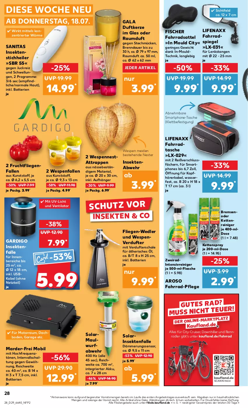 Aktueller Prospekt Kaufland - Prospekt - von 18.07 bis 24.07.2024 - strona 28 - produkty: akku, angebot, angebote, auer, batterie, batterien, Duftkerze, eis, Fahrrad, Fahrradtasche, fisch, fische, Fischer, flasche, frucht, je 500-ml-flasche, kerze, Kette, kopfhörer, Liege, penne, radler, Raumduft, reiniger, reis, Ria, ring, sattel, Schal, Schale, sekt, smartphone, smartphones, spiegel, Tasche, Ti, usb, ventilator, wasser, ZTE