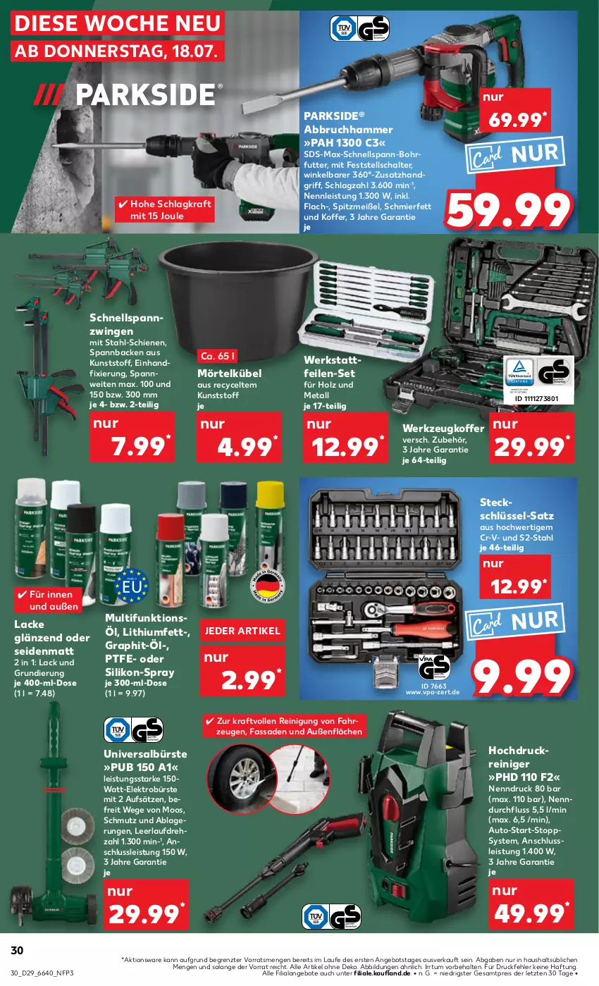 Aktueller Prospekt Kaufland - Prospekt - von 18.07 bis 24.07.2024 - strona 30 - produkty: Abbruchhammer, angebot, angebote, auto, bürste, eis, Elektro, hochdruckreiniger, Holz, koffer, kraft, lack, Lacke, Parkside, reiniger, Reinigung, reis, Schal, Ti, werkzeug, ZTE