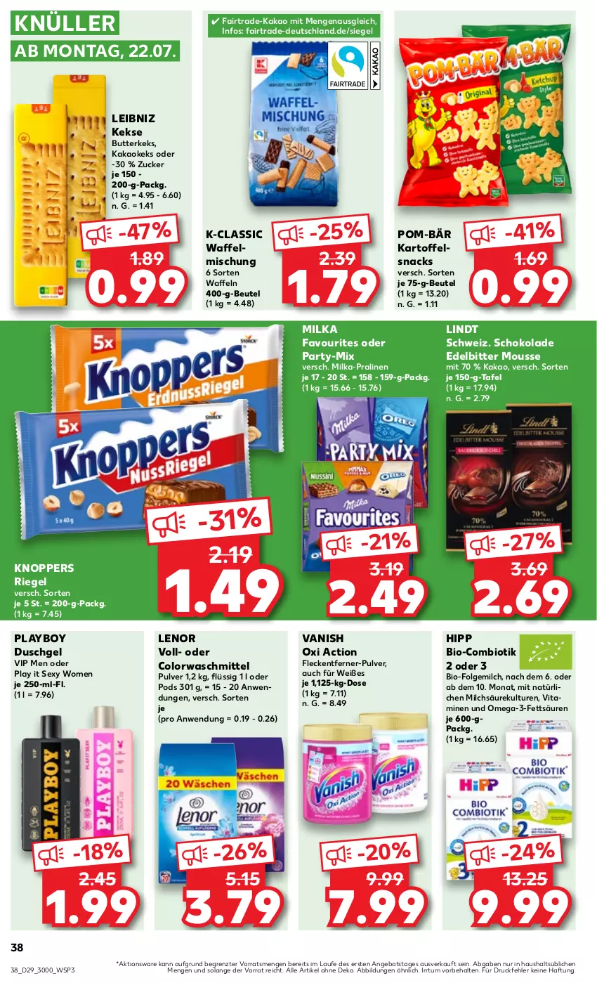 Aktueller Prospekt Kaufland - Prospekt - von 18.07 bis 24.07.2024 - strona 38 - produkty: angebot, beutel, bio, butter, butterkeks, colorwaschmittel, duschgel, fleckentferner, folgemilch, hipp, kakao, kartoffel, keks, kekse, knoppers, leibniz, lenor, LG, lindt, milch, milka, mousse, omega, Omega-3, oxi action, Playboy, Pods, pom-bär, pralinen, riegel, schoko, schokolade, snack, snacks, Ti, vanish, vanish oxi action, vita, Vitamine, waffeln, waschmittel, ZTE, zucker