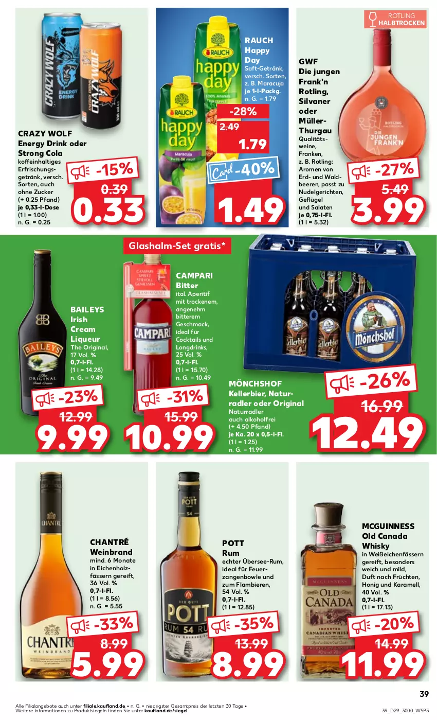 Aktueller Prospekt Kaufland - Prospekt - von 18.07 bis 24.07.2024 - strona 39 - produkty: alkohol, angebot, angebote, aperitif, baileys, beere, beeren, bier, Biere, bowle, campari, chantré, cocktail, cocktails, cola, drink, drinks, eis, elle, energy drink, erfrischungsgetränk, früchte, früchten, Geflügel, getränk, gin, Guinness, Happy Day, Holz, honig, irish cream, karamell, kellerbier, LG, liqueur, mac, maracuja, mönchshof, Müller, natur, nudel, Nudelgericht, qualitätswein, qualitätsweine, radler, Rauch, reis, rum, saft, salat, salate, silvaner, Ti, wein, weinbrand, weine, whisky, Zangen, ZTE, zucker