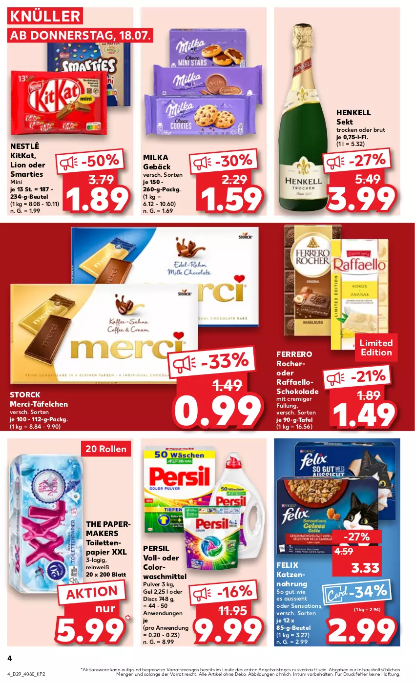 Aktueller Prospekt Kaufland - Prospekt - von 18.07 bis 24.07.2024 - strona 4 - produkty: angebot, beutel, brut, colorwaschmittel, felix, ferrero, Ferrero Rocher, henkel, henkell, henkell sekt, hero, katzennahrung, kitkat, lion, merci, milka, nestlé, papier, persil, raffaello, schoko, schokolade, sekt, sensations, smarties, storck, Ti, toilettenpapier, waschmittel, ZTE