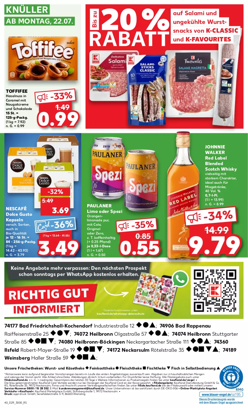 Aktueller Prospekt Kaufland - Prospekt - von 18.07 bis 24.07.2024 - strona 40 - produkty: angebot, angebote, Astra, Bad, bio, blended scotch, blended scotch whisky, caramel, cola, creme, dolce gusto, drucker, eis, Engel, erde, feinkost, feinkosttheke, fisch, fischtheke, fleisch, getränk, getränke, gin, haselnuss, johnnie walker, Käse, käsetheke, kerze, LG, limo, limonade, Mixgetränk, Nescafé, Nougatcreme, nuss, orange, orangen, Paula, paulaner, reis, salami, schoko, schokolade, scotch, scotch whisky, snack, snacks, Spezi, Ti, toffifee, wein, whisky, wurst, ZTE