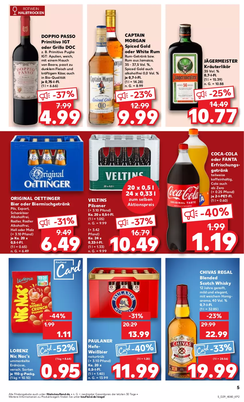 Aktueller Prospekt Kaufland - Prospekt - von 18.07 bis 24.07.2024 - strona 5 - produkty: aktionspreis, alkohol, angebot, angebote, beere, bier, bio, blended scotch, blended scotch whisky, Cap, captain morgan, coca-cola, cola, doppio passo, eis, erdnüsse, erfrischungsgetränk, fanta, fleisch, Germ, getränk, gin, grill, grillo, Hefe, honig, jägermeister, Käse, kräuter, kräuterlikör, likör, lorenz, malz, Mantel, Meister, natur, nic nac's, oettinger, passo, Paula, paulaner, pils, pilsener, primitivo, radler, regal, reis, rotwein, rum, Schankbier, scotch, scotch whisky, Ti, veltins, veltins pilsener, wein, whisky, white rum, ZTE