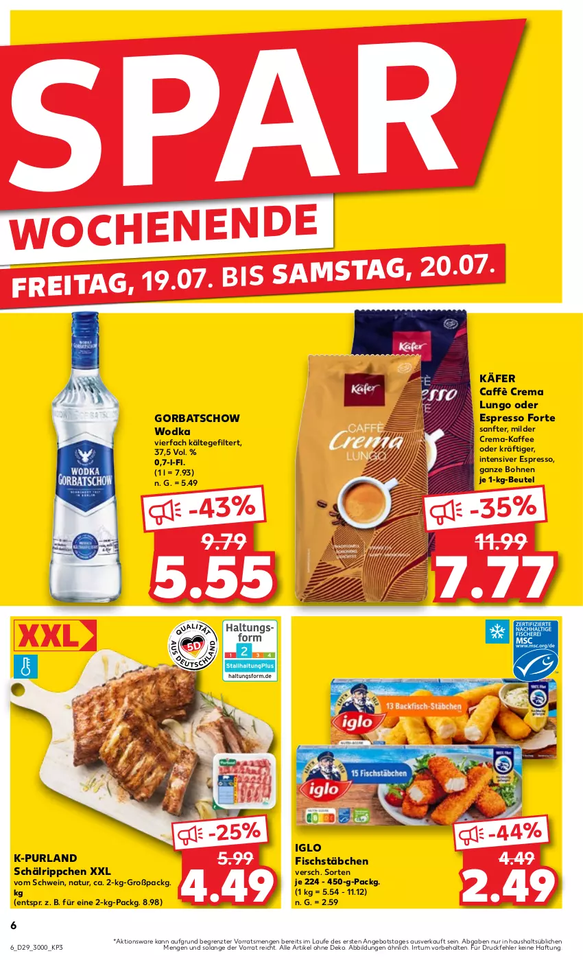 Aktueller Prospekt Kaufland - Prospekt - von 18.07 bis 24.07.2024 - strona 6 - produkty: angebot, beutel, bohne, bohnen, caffè crema, espresso, fisch, fischstäbchen, Gorbatschow, gorbatschow wodka, iglo, käfer, kaffee, lungo, natur, oder espresso, purland, schwein, Ti, wein, wodka, ZTE