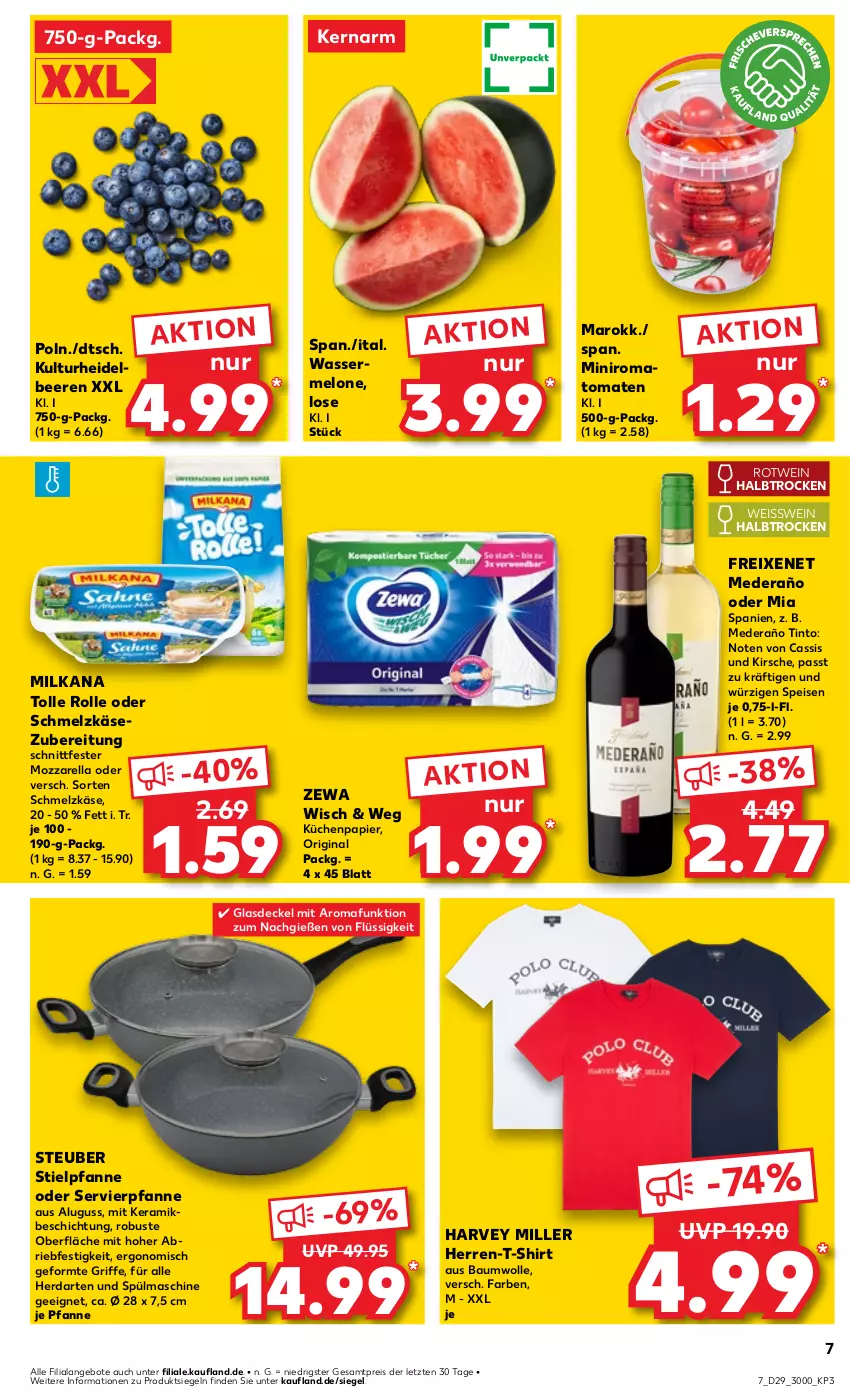 Aktueller Prospekt Kaufland - Prospekt - von 18.07 bis 24.07.2024 - strona 7 - produkty: angebot, angebote, Bau, baumwolle, beere, beeren, brie, cassis, decke, Deckel, eis, freixenet, gin, Glasdeckel, heidelbeere, heidelbeeren, herdarten, herren-t-shirt, Käse, kirsch, kirsche, küche, Küchen, melone, milka, milkana, mozzarella, papier, pfanne, reis, rel, Romatomaten, rotwein, Schmelzkäse, schmelzkäsezubereitung, shirt, Stielpfanne, T-Shirt, Ti, tomate, tomaten, wasser, wassermelone, wein, wolle, zewa, ZTE