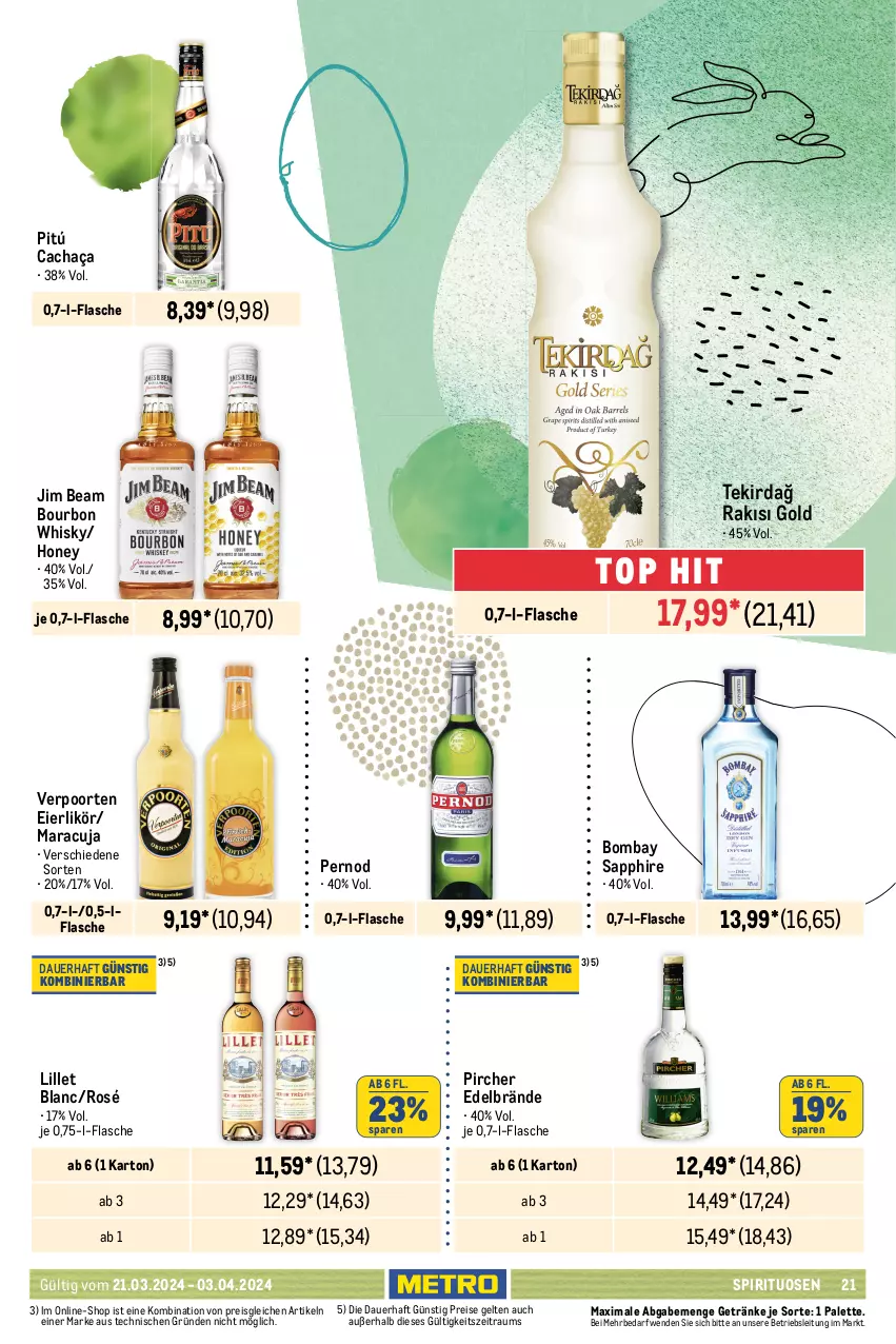 Aktueller Prospekt Metro - Food-NonFood - von 21.03 bis 03.04.2024 - strona 21 - produkty: apfel, auer, beere, beeren, bombay sapphire, bourbon, Bourgogne, bree, brombeere, brombeeren, brut, cachaça, Cava, champagne, champagner, chardonnay, doppio passo, dornfelder, ecco, eier, eierlikör, eis, elle, flasche, freixenet, frucht, früchte, früchten, fruchtsecco, getränk, getränke, Holz, honig, jim beam, kirsch, kirsche, kirschen, likör, lillet, mac, maracuja, Metro, Palette, passo, pfirsich, pircher, primitivo, prosecco, puma, reis, Ria, rotkäppchen, sapphire, sauerkirschen, Schal, Schale, sekt, spirituosen, spumante, Ti, valdo, verpoorten, wein, whisky, zitrone, zitronen