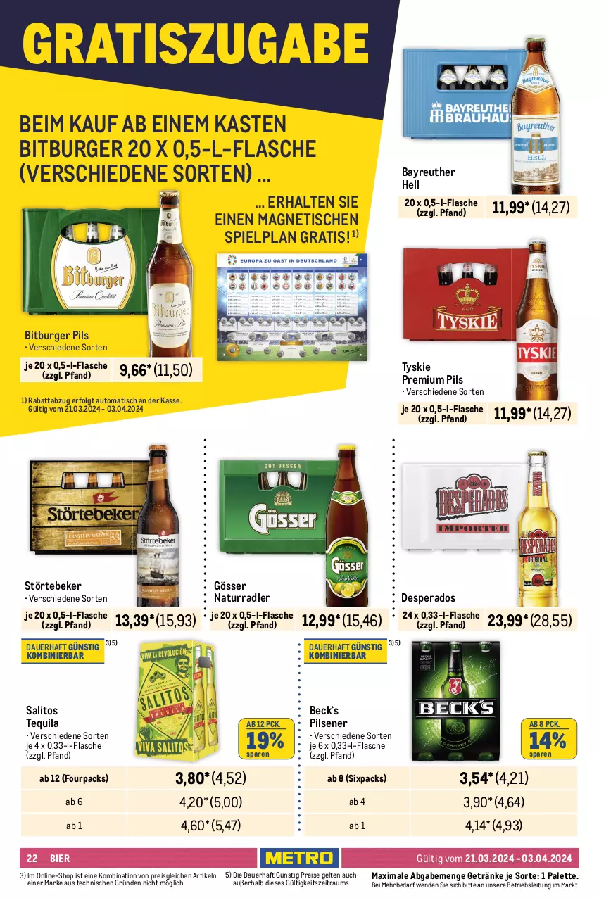 Aktueller Prospekt Metro - Food-NonFood - von 21.03 bis 03.04.2024 - strona 22 - produkty: alkohol, alkoholfreie getränke, Alwa, auer, auto, beutel, bier, bitburger, bitburger pils, burger, Cap, capri-sun, desperados, drink, eis, eistee, elle, energy drink, flasche, gerolsteine, gerolsteiner, getränk, getränke, gin, gösser, Hohes C, lack, LG, mineralwasser, natur, orange, orangen, orangensaft, Palette, pepsi, pfanne, Pfanner, pils, pilsener, premium pils, radler, reis, saft, san pellegrino, steiner, störtebeker, tee, tequila, Ti, tisch, tyskie, wasser