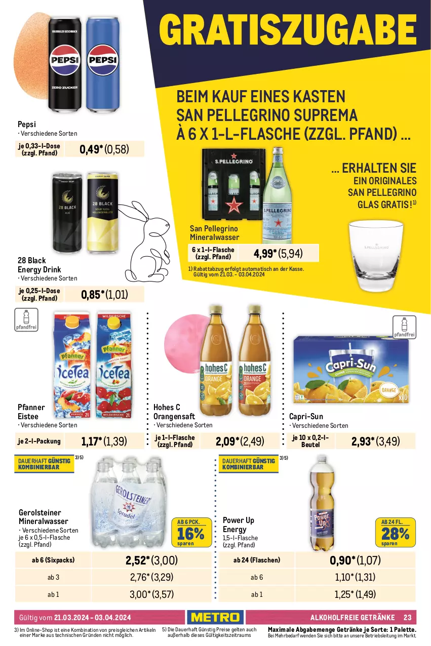 Aktueller Prospekt Metro - Food-NonFood - von 21.03 bis 03.04.2024 - strona 23 - produkty: alkohol, alkoholfreie getränke, Alwa, auer, auto, beutel, bier, bitburger, bitburger pils, burger, Cap, capri-sun, desperados, drink, eis, eistee, elle, energy drink, flasche, gerolsteine, gerolsteiner, getränk, getränke, gin, gösser, Hohes C, lack, LG, mineralwasser, natur, orange, orangen, orangensaft, Palette, pepsi, pfanne, Pfanner, pils, pilsener, premium pils, radler, reis, saft, san pellegrino, steiner, störtebeker, tee, tequila, Ti, tisch, tyskie, wasser