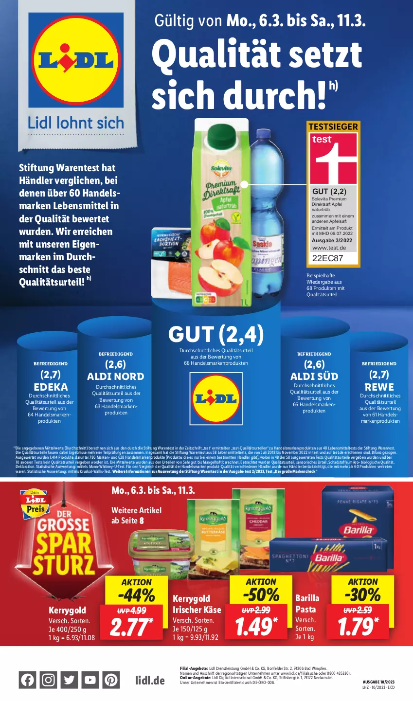 Aktueller Prospekt Lidl - Aktionsprospekt - von 06.03 bis 11.03.2023 - strona 1 - produkty: aldi, angebot, angebote, apfel, apfelsaft, Bad, barilla, bio, deka, direktsaft, eis, ente, Käse, kerrygold, lebensmittel, natur, pasta, saft, Ti, tisch, vita