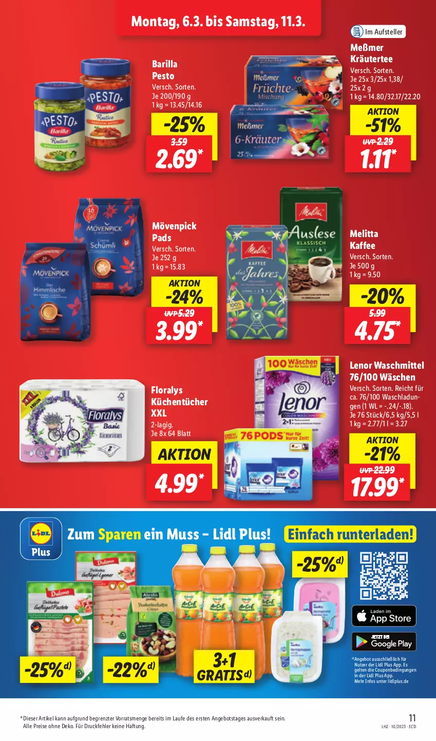 Aktueller Prospekt Lidl - Aktionsprospekt - von 06.03 bis 11.03.2023 - strona 11 - produkty: angebot, barilla, coupon, eis, elle, Floralys, kaffee, kräuter, küche, Küchen, küchentücher, lenor, lenor waschmittel, melitta, Meßmer, mövenpick, pesto, reis, tee, teller, Ti, tücher, waschmittel, ZTE