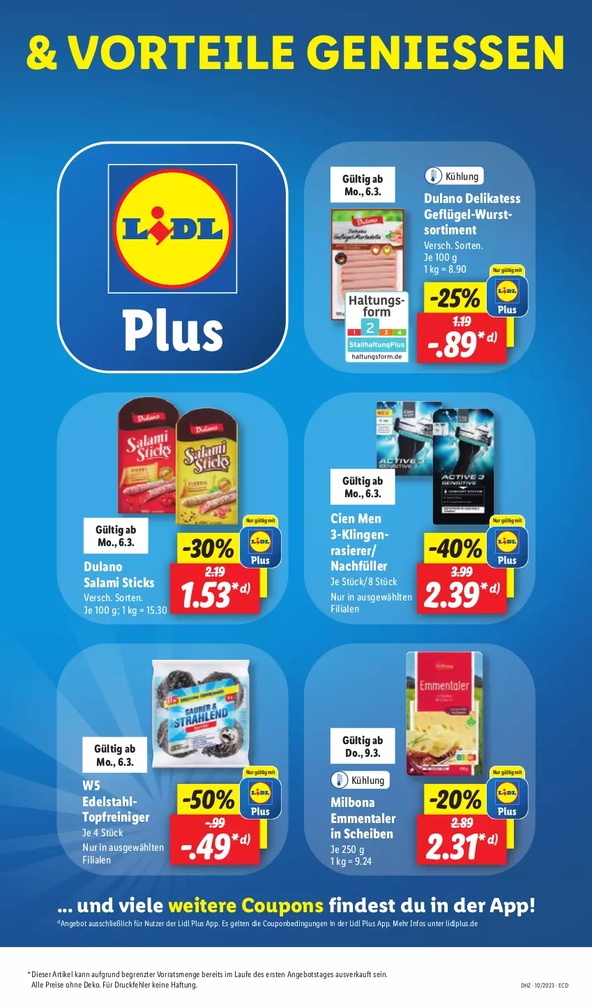 Aktueller Prospekt Lidl - Aktionsprospekt - von 06.03 bis 11.03.2023 - strona 13 - produkty: angebot, Bona, Cien, coupon, coupons, dulano, edelstahl, eis, emmentaler, Geflügel, Milbona, rasierer, reiniger, reis, salami, Ti, topf, wurst, ZTE