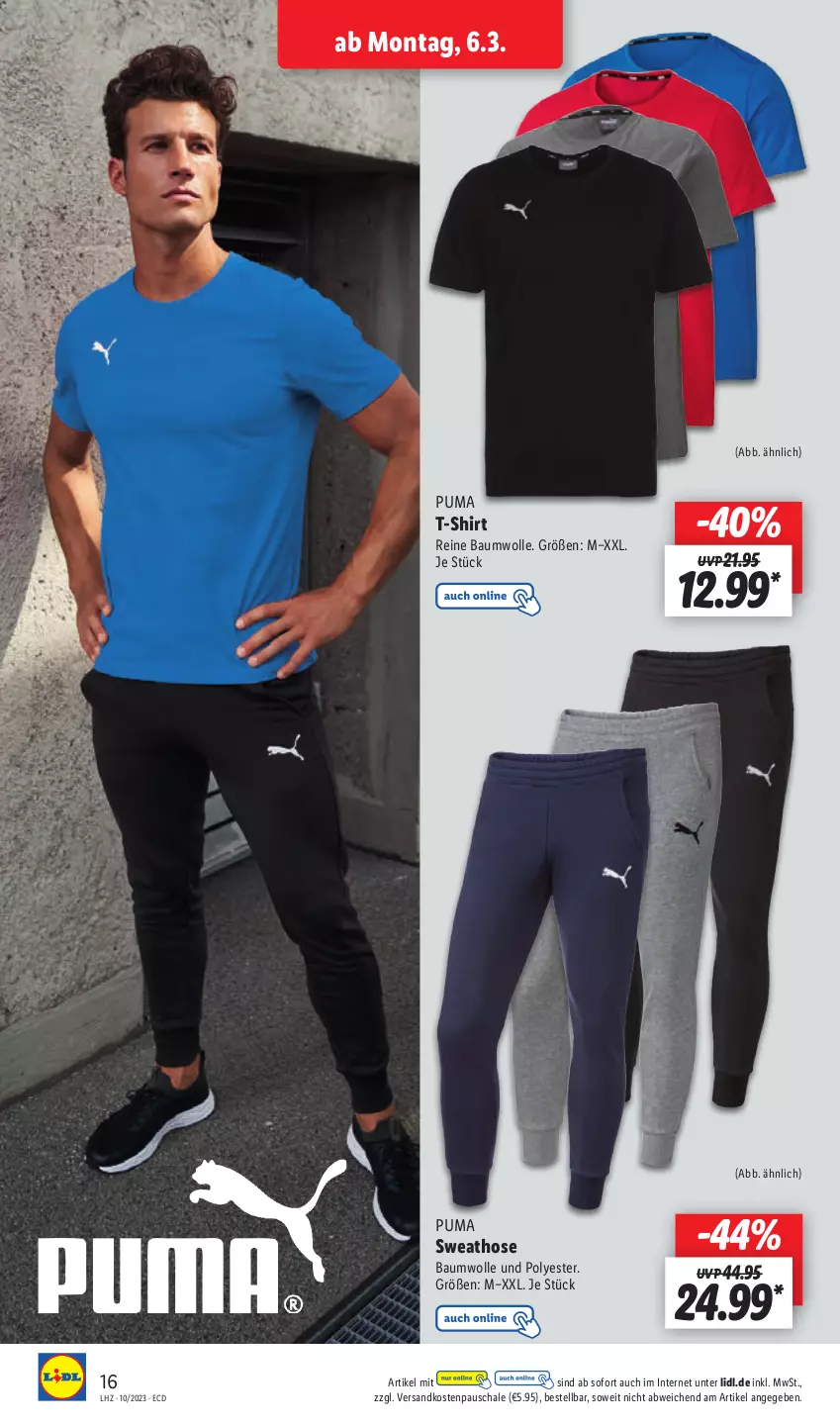 Aktueller Prospekt Lidl - Aktionsprospekt - von 06.03 bis 11.03.2023 - strona 18 - produkty: Bau, baumwolle, hose, ndk, puma, reine baumwolle, Schal, Schale, shirt, Sweathose, T-Shirt, Ti, wolle