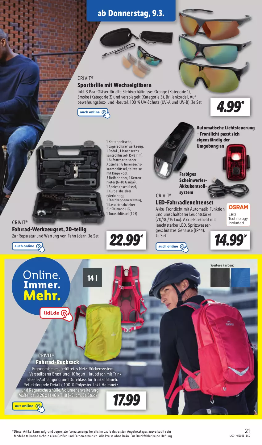 Aktueller Prospekt Lidl - Aktionsprospekt - von 06.03 bis 11.03.2023 - strona 23 - produkty: akku, angebot, aufbewahrungsbox, auto, beutel, Brille, crivit, dell, eis, elle, Fahrrad, Gläser, Kette, Kugel, Leuchte, leuchten, LG, Mode, orange, Regenschutz, reifen, reis, rücklicht, rucksack, rwe, sac, Schal, Schale, schlauch, schutzhülle, shimano, spiegel, Sport, Sportbrille, Ti, Tiere, tisch, uv-schutz, wasser, werkzeug, ZTE