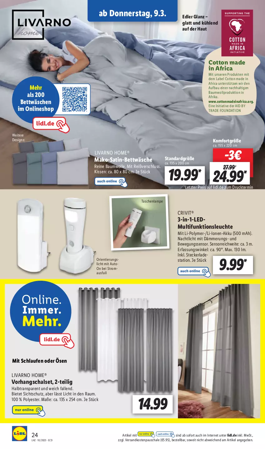 Aktueller Prospekt Lidl - Aktionsprospekt - von 06.03 bis 11.03.2023 - strona 26 - produkty: akku, auto, Bau, baumwolle, bett, bettwäsche, Bewegungssensor, crivit, eis, gsw, kissen, Lampe, Laufen, Leuchte, Maus, Nachtlicht, ndk, reine baumwolle, reis, satin-bettwäsche, Schal, Schale, Tasche, taschen, taschenlampe, Ti, wolle, ZTE