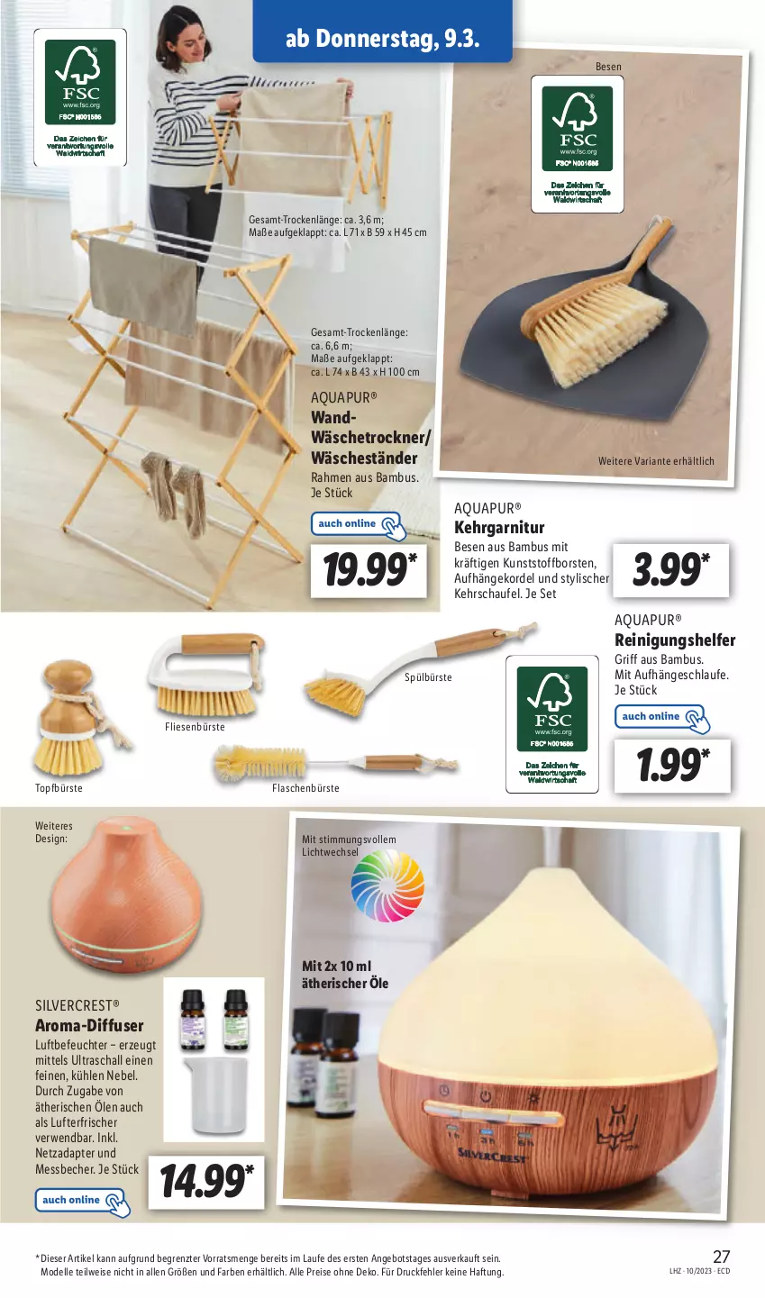 Aktueller Prospekt Lidl - Aktionsprospekt - von 06.03 bis 11.03.2023 - strona 29 - produkty: adapter, angebot, aqua, AquaPur, bambus, Becher, bürste, dell, Diffuser, eis, elle, flasche, garnitur, Kehrgarnitur, Luftbefeuchter, lufterfrischer, Messbecher, Mode, Reinigung, reis, Ria, rwe, Schal, silvercrest, Ti, topf, Trockner, wäschetrockner, ZTE