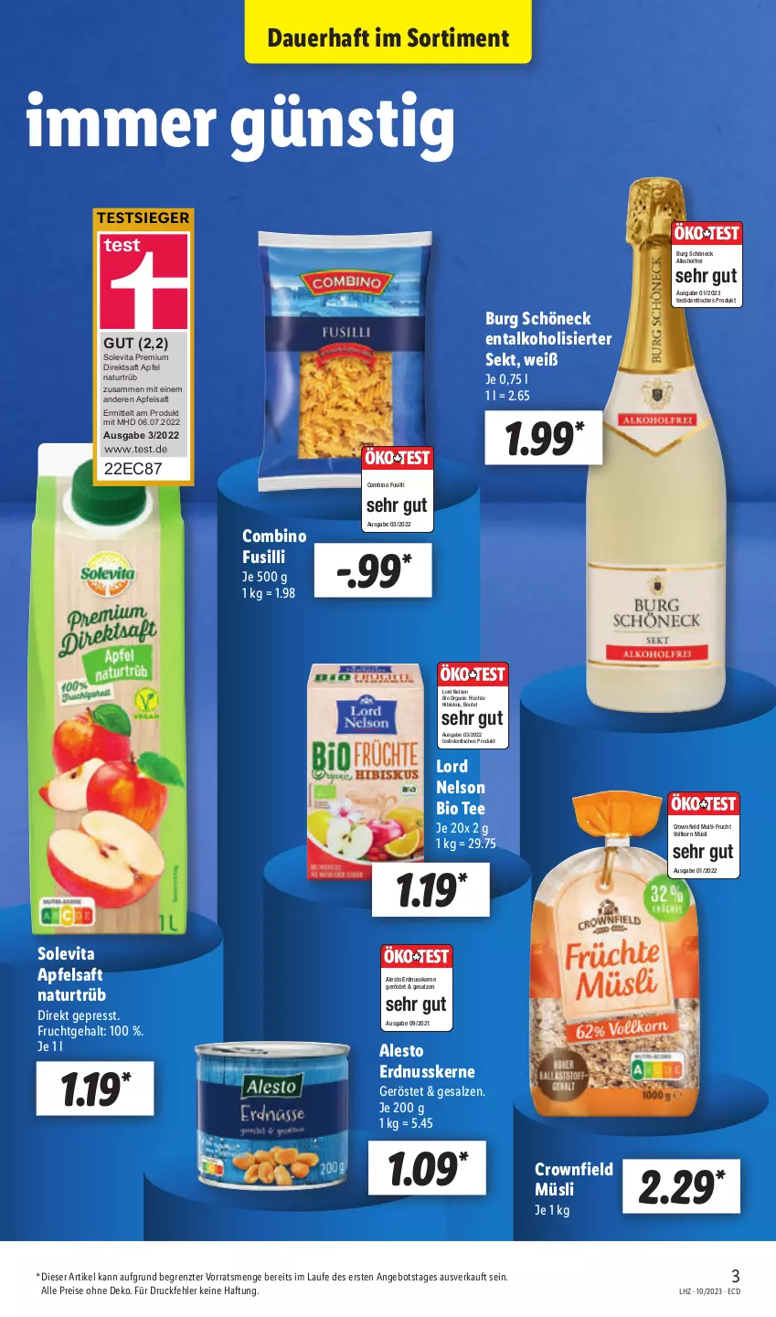 Aktueller Prospekt Lidl - Aktionsprospekt - von 06.03 bis 11.03.2023 - strona 3 - produkty: alesto, alkohol, angebot, apfel, apfelsaft, auer, beutel, bio, direktsaft, eis, erdnuss, frucht, früchte, fusilli, korn, müsli, natur, nuss, reis, saft, salz, sekt, tee, Ti, tisch, vita, ZTE