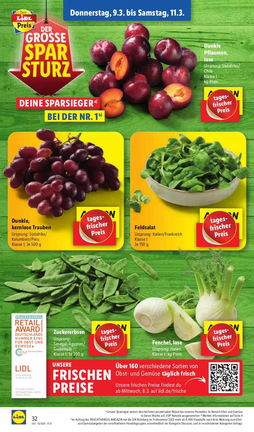 Aktueller Prospekt Lidl - Aktionsprospekt - von 06.03 bis 11.03.2023 - strona 36 - produkty: angebot, discount, eis, ente, erbsen, feldsalat, fenchel, frucht, magazin, obst, Obst und Gemüse, pflaume, pflaumen, reis, salat, Ti, trauben, und gemüse, zucker