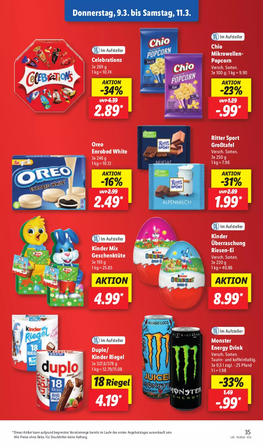 Aktueller Prospekt Lidl - Aktionsprospekt - von 06.03 bis 11.03.2023 - strona 43 - produkty: angebot, drink, duplo, eis, elle, energy drink, Kinder, kinder riegel, mikrowelle, monster, Monster Energy, oreo, popcorn, reis, riegel, ritter, ritter sport, Sport, teller, Ti, Tüte, ZTE