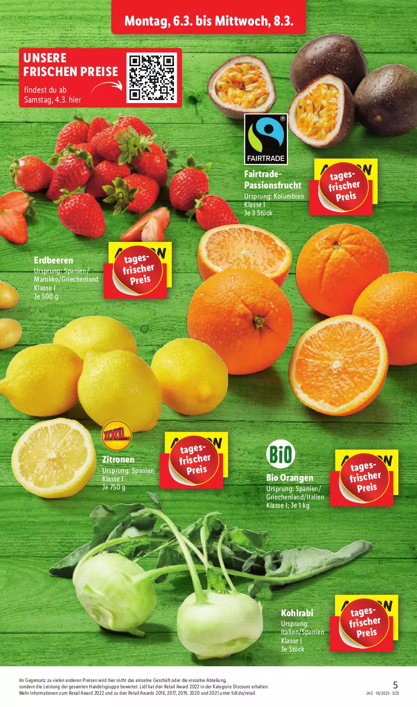 Aktueller Prospekt Lidl - Aktionsprospekt - von 06.03 bis 11.03.2023 - strona 5 - produkty: Abtei, beere, beeren, bio, discount, eis, erdbeere, erdbeeren, frucht, kohlrabi, orange, orangen, passionsfrucht, reis, Ti, zitrone, zitronen