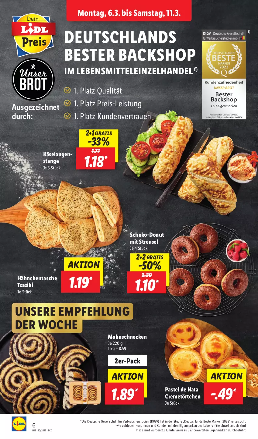 Aktueller Prospekt Lidl - Aktionsprospekt - von 06.03 bis 11.03.2023 - strona 6 - produkty: brot, creme, Donut, eis, Käse, Laugenstange, lebensmittel, Rauch, reis, schoko, Tasche, Ti, Törtchen, zaziki