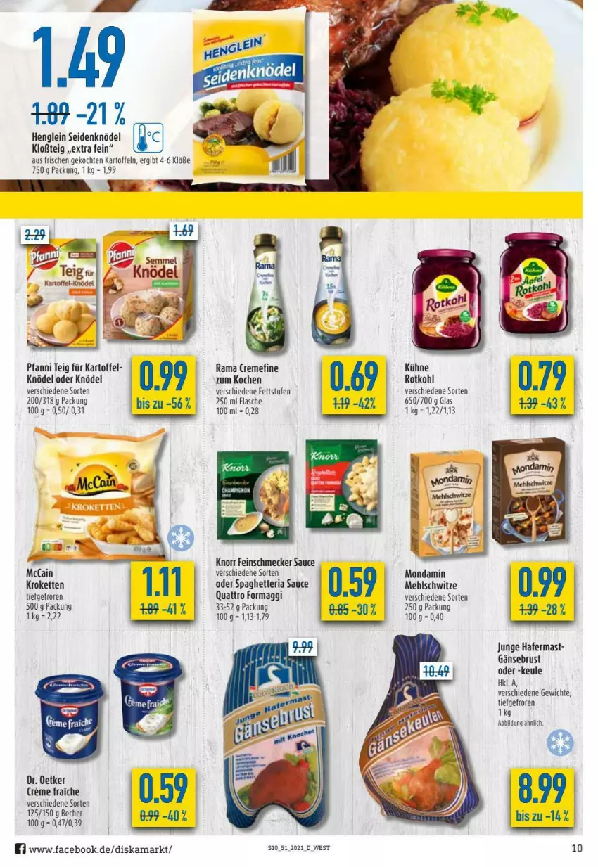 Aktueller Prospekt Diska - Prospekte - von 20.12 bis 24.12.2021 - strona 10 - produkty: Becher, creme, Dr. Oetker, feinschmecker, flasche, Gänsebrust, hafer, kartoffel, kartoffeln, Kette, Knödel, knorr, Kroketten, Kühne, maggi, mccain, mehl, mondamin, pfanni, rama, Ria, rotkohl, sauce, Ti