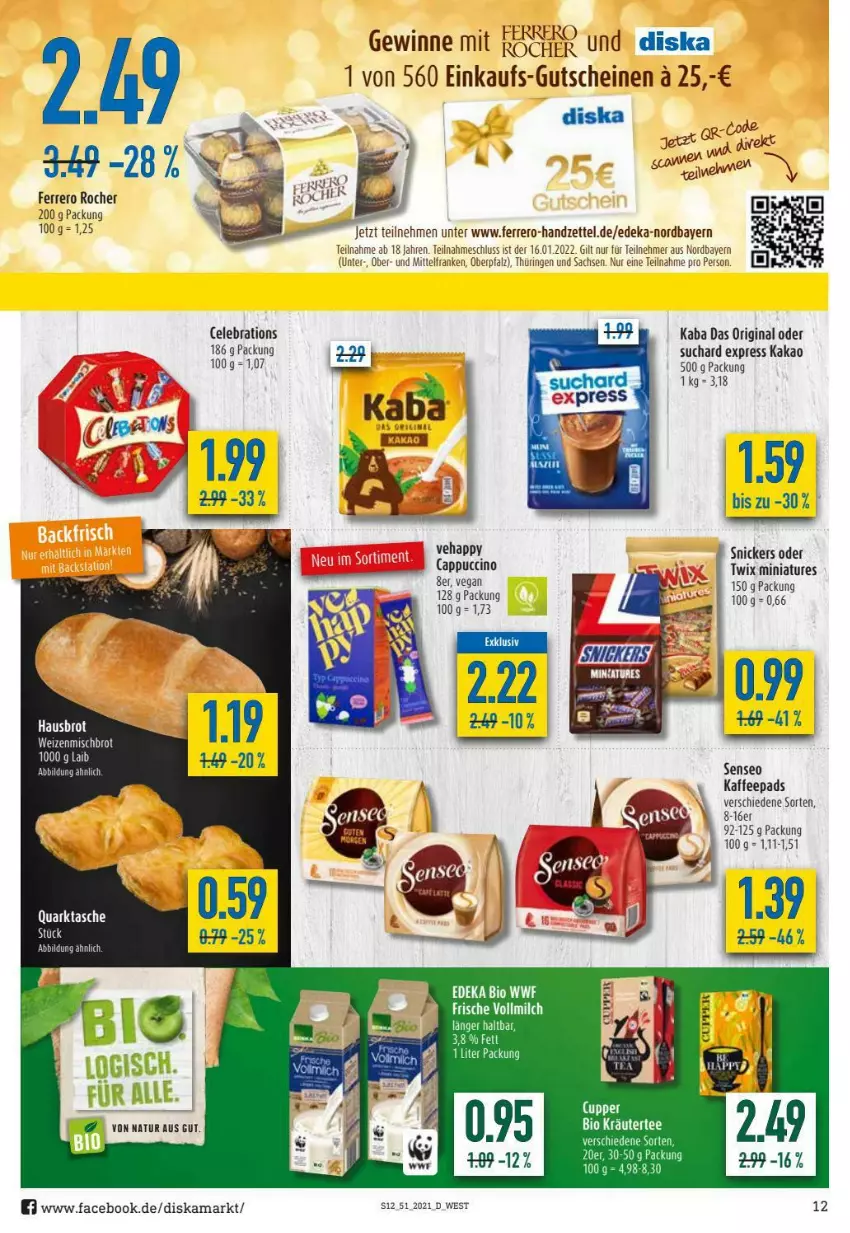 Aktueller Prospekt Diska - Prospekte - von 20.12 bis 24.12.2021 - strona 12 - produkty: bio, brot, deka, edeka bio, ferrero, Ferrero Rocher, gin, gutschein, gutscheine, kaffee, kaffeepads, kakao, kräuter, natur, quark, ring, sac, senseo, snickers, Tasche, tee, Ti, twix, weizenmischbrot