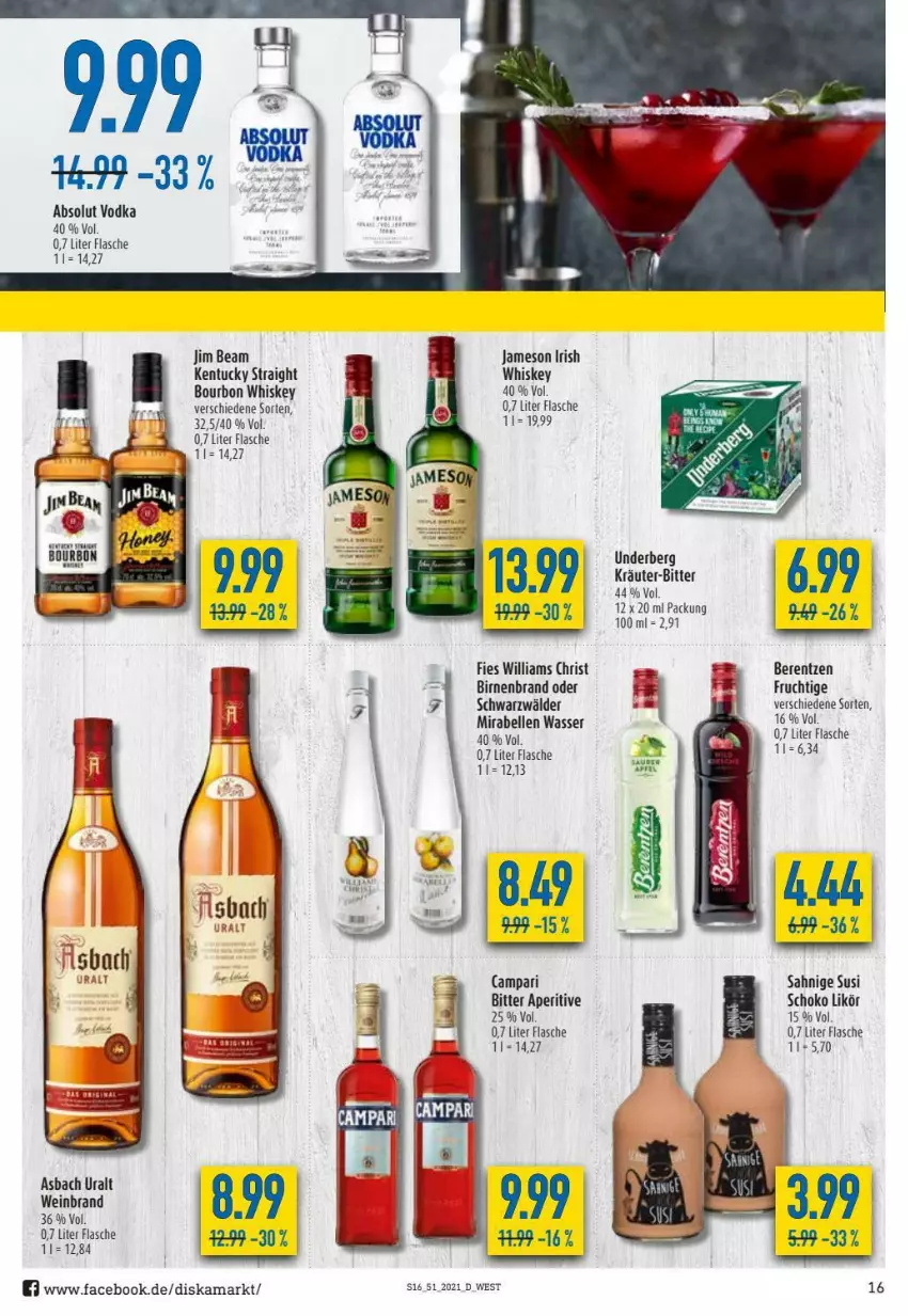 Aktueller Prospekt Diska - Prospekte - von 20.12 bis 24.12.2021 - strona 16 - produkty: Absolut Vodka, asbach uralt, berentzen, Birnen, bourbon, bourbon whiskey, campari, elle, flasche, frucht, jameson, jim beam, kentucky straight, likör, schoko, Ti, tuc, vodka, wasser, wein, weinbrand, whiskey