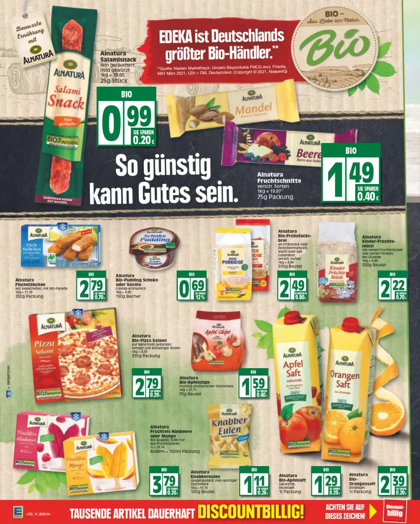 Aktueller Prospekt Edeka - Angebote der Woche - von 08.08 bis 13.08.2022 - strona 16 - produkty: apfel, apfelsaft, Bank, Becher, beere, beutel, bio, Brei, chips, direktsaft, discount, fisch, fischstäbchen, frucht, früchte, geback, gewürz, himbeer, himbeere, Kinder, lachs, mac, mango, müsli, natur, natura, naturstein, orange, orangen, orangensaft, pizza, porridge, pudding, saft, salami, schoko, snack, Ti, tisch, vanille, Zelt