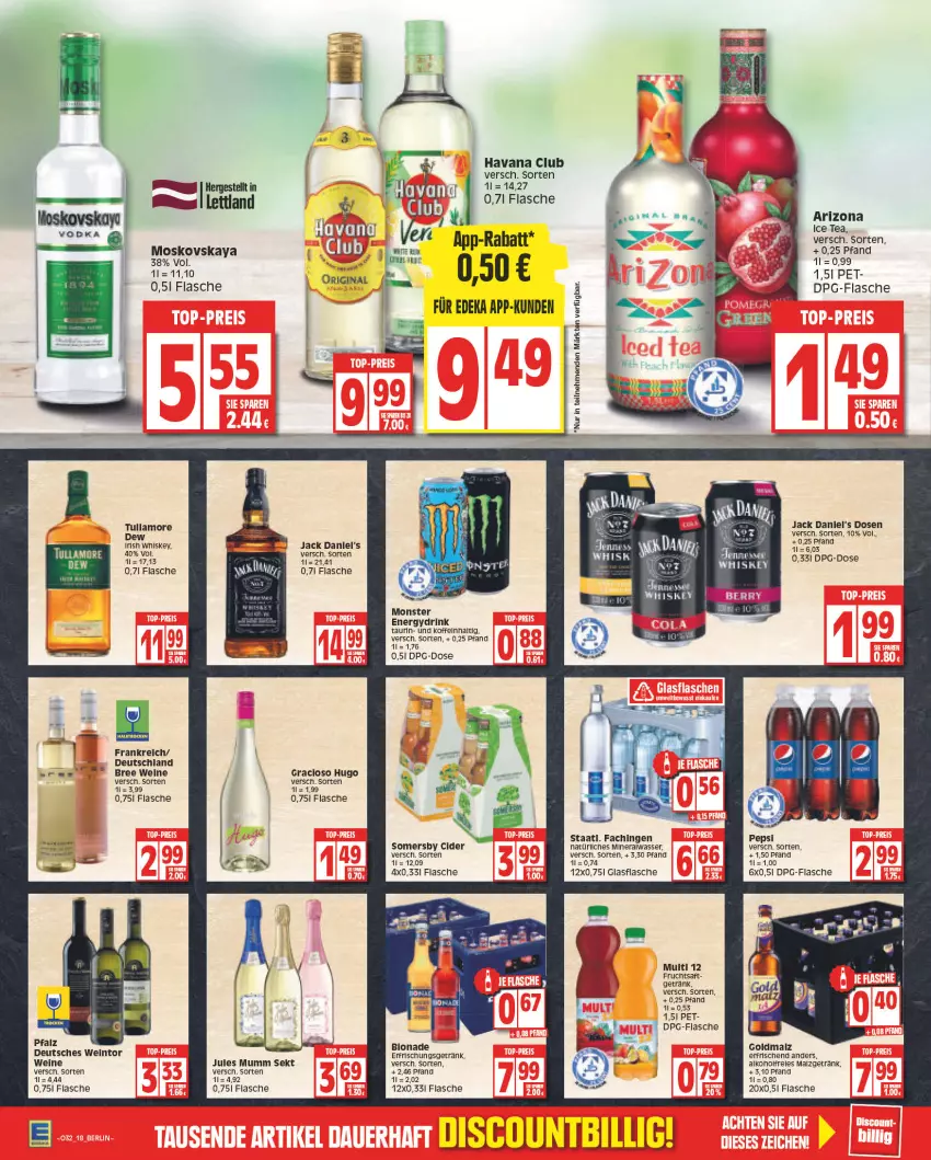 Aktueller Prospekt Edeka - Angebote der Woche - von 08.08 bis 13.08.2022 - strona 18 - produkty: alkohol, Alwa, bio, bionade, bree, cider, deka, drink, erfrischungsgetränk, flasche, frucht, fruchtsaft, getränk, gin, glasflasche, gracioso, Havana Club, hugo, ice tea, jack daniel, jack daniel's, jules mumm, malz, mineralwasser, monster, Monster Energy, moskovskaya, mumm, natürliches mineralwasser, rel, saft, sekt, somersby, Staatl. Fachingen, Ti, tullamore, tullamore dew, wasser, wein, weine, whiskey