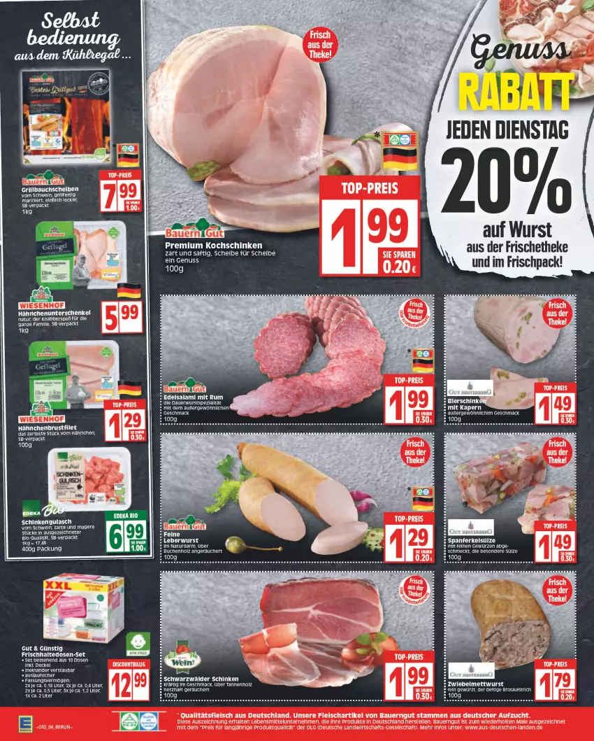 Aktueller Prospekt Edeka - Angebote der Woche - von 08.08 bis 13.08.2022 - strona 4 - produkty: auer, aufstrich, Bau, bauchscheiben, bier, bio, brot, brotaufstrich, brustfilet, buch, Edelsalami, ente, filet, frischhaltedosen, gewürz, grill, Grillbauch, gulasch, hähnchenbrust, hähnchenbrustfilet, henkel, HP, kochschinken, mac, Mett, mettwurst, natur, nuss, rum, saft, salami, schenkel, schinken, schwarzwälder schinken, schwein, tee, Ti, wein, wurst, ZTE, zwiebel, zwiebelmettwurst