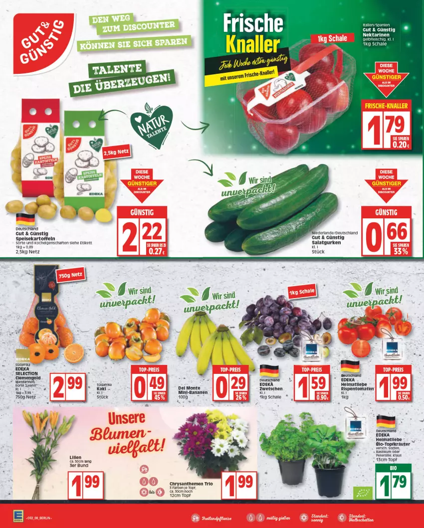 Aktueller Prospekt Edeka - Angebote der Woche - von 08.08 bis 13.08.2022 - strona 8 - produkty: banane, bananen, basilikum, bio, chrysanthemen, deka, eis, fleisch, gurke, gurken, Kaki, kartoffel, kartoffeln, kräuter, mandarine, mandarinen, monte, Nektar, nektarinen, petersilie, rispentomaten, salat, Salatgurke, salatgurken, Schal, Schale, speisekartoffeln, Ti, tomate, tomaten, topf, Topfkräuter