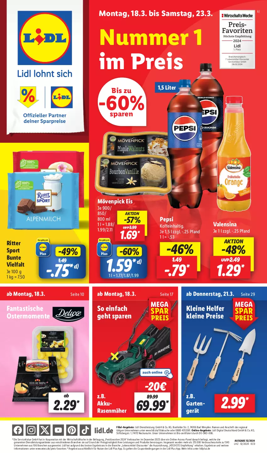 Aktueller Prospekt Lidl - Aktionsprospekt - von 18.03 bis 23.03.2024 - strona 1 - produkty: ACC, akku, angebot, angebote, asti, Bad, bio, coupon, discount, eis, ente, fanta, Garten, lebensmittel, leine, mövenpick, mövenpick eis, pepsi, rasen, rasenmäher, Rauch, reis, ritter, ritter sport, Sport, Ti, tisch, valensina